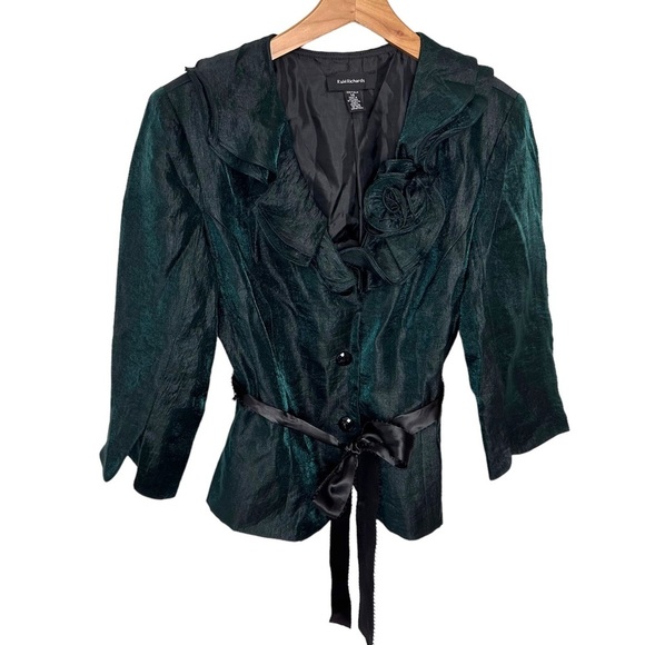 R&M Richards 14 green & black iridescent formal shirt with ruffled collar - Picture 7 of 8